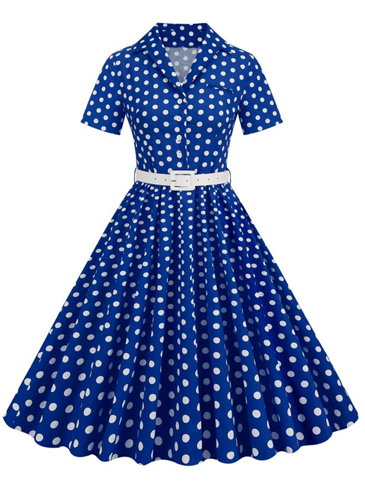 Polka Dots Lapel Belted Dress