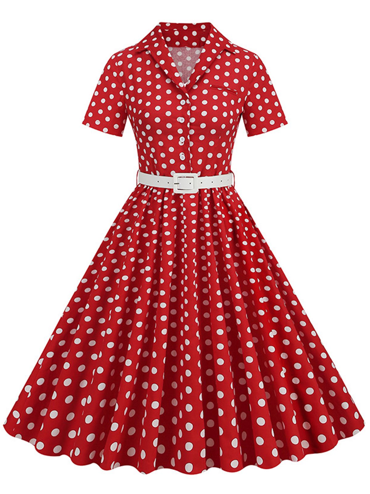 Polka Dots Lapel Belted Dress