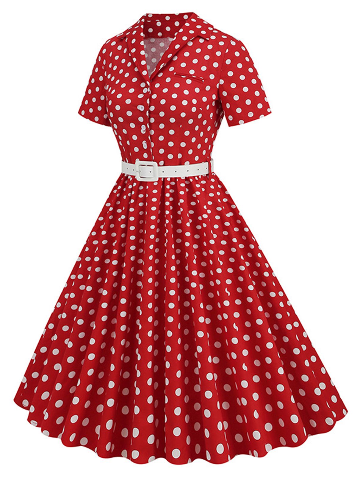 Polka Dots Lapel Belted Dress