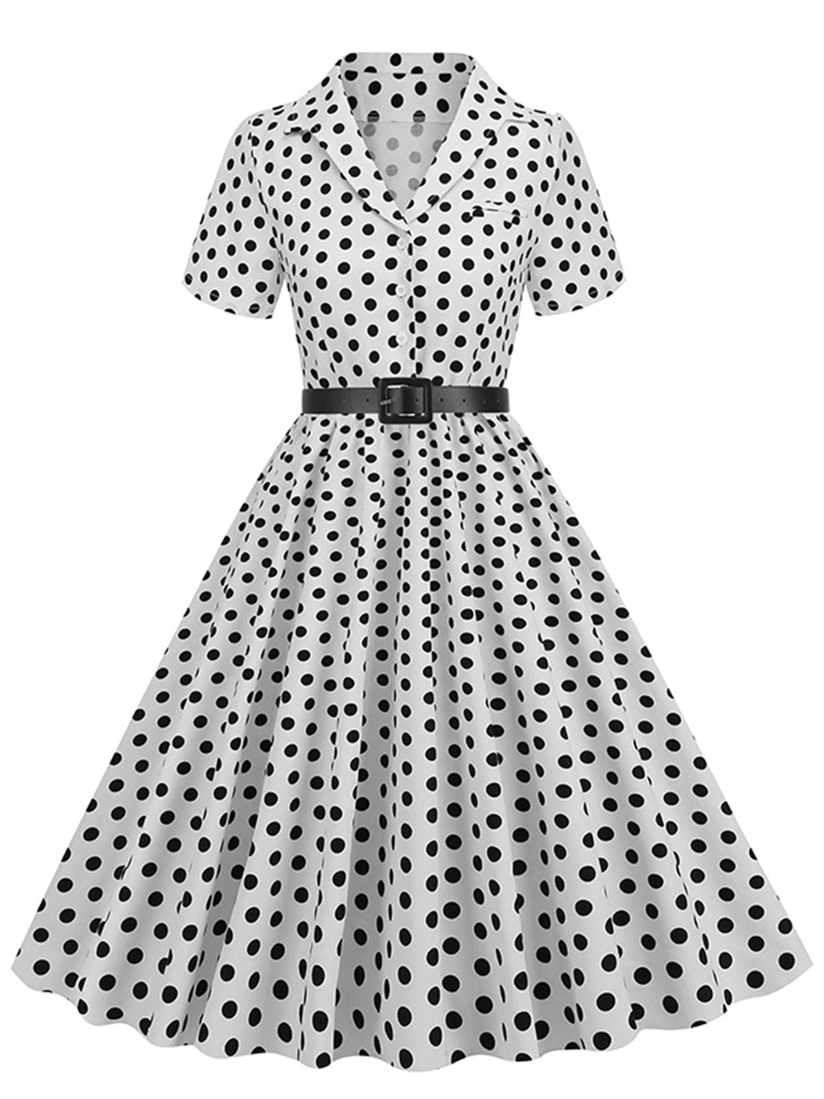 Polka Dots Lapel Belted Dress