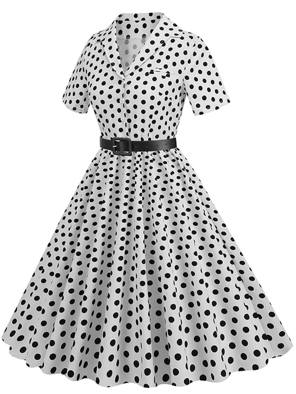 Polka Dots Lapel Belted Dress