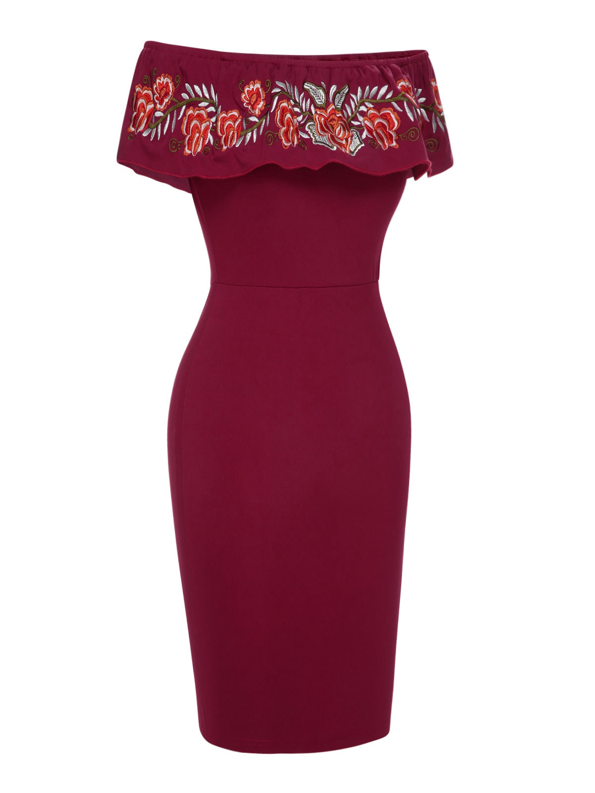 Deep Red  Off-Shoulder Embroidered Dress