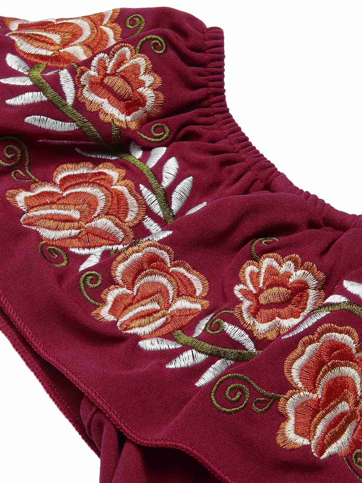 Deep Red  Off-Shoulder Embroidered Dress