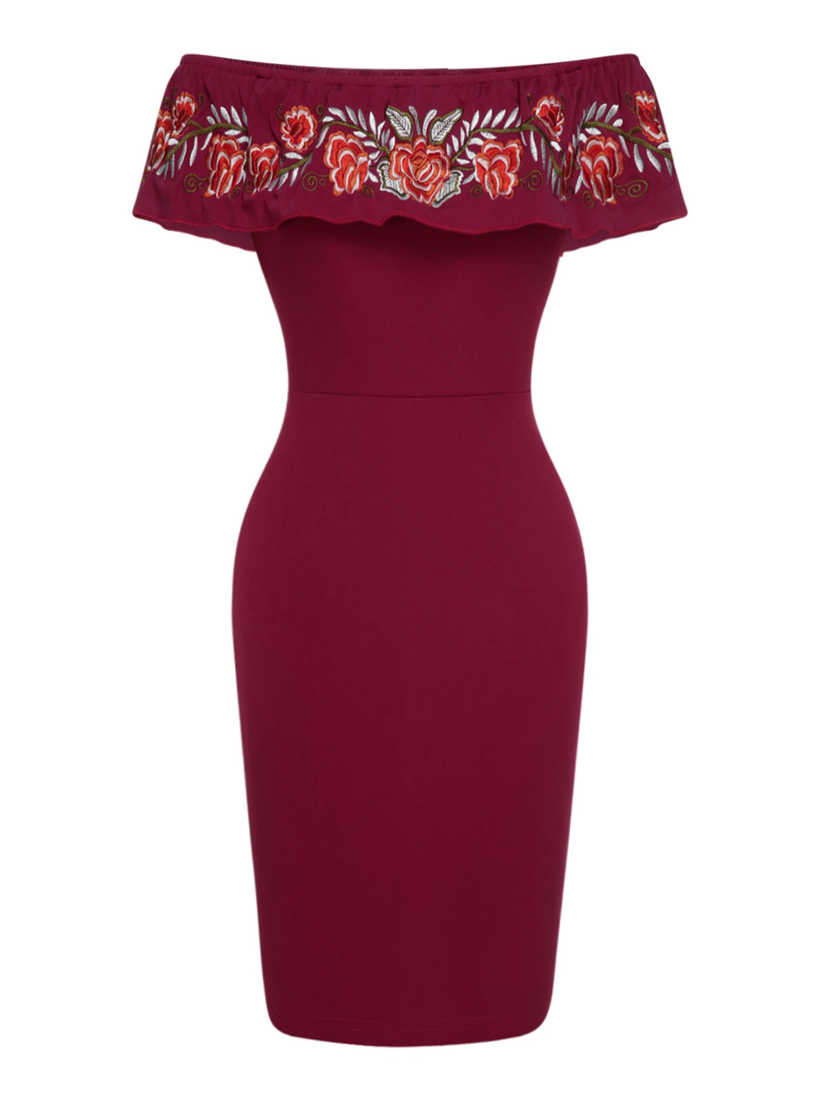 Deep Red  Off-Shoulder Embroidered Dress