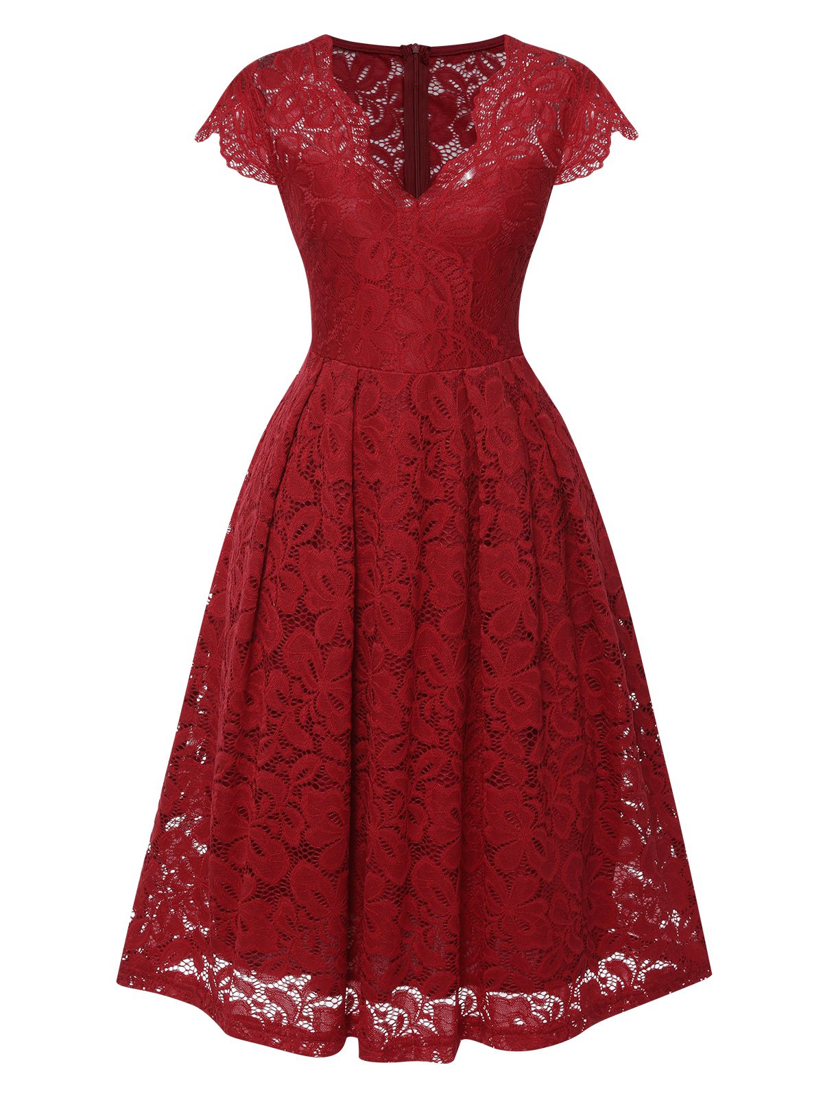 Wine Red Solid Lace Cap Sleeve Dress