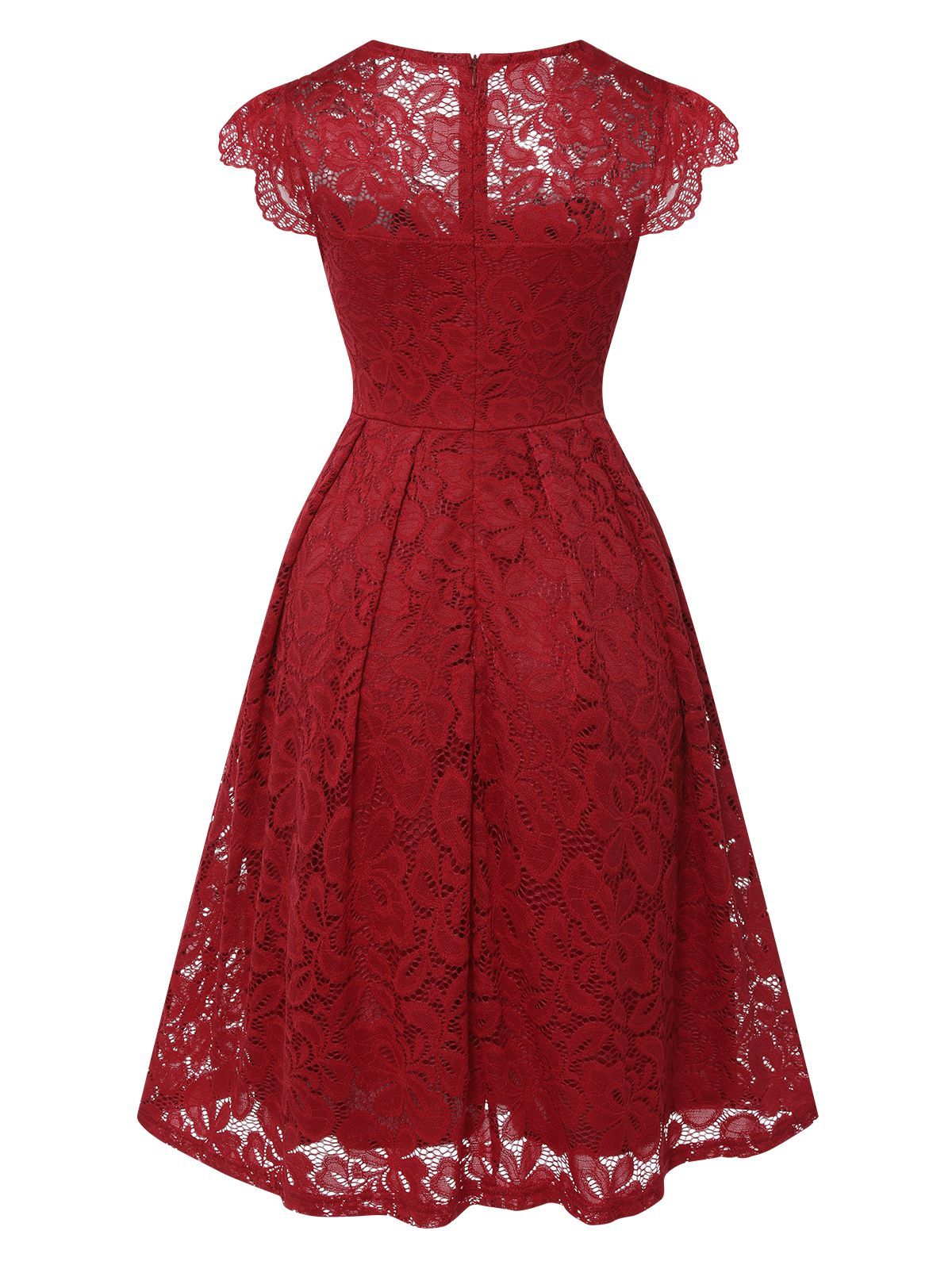 Wine Red Solid Lace Cap Sleeve Dress