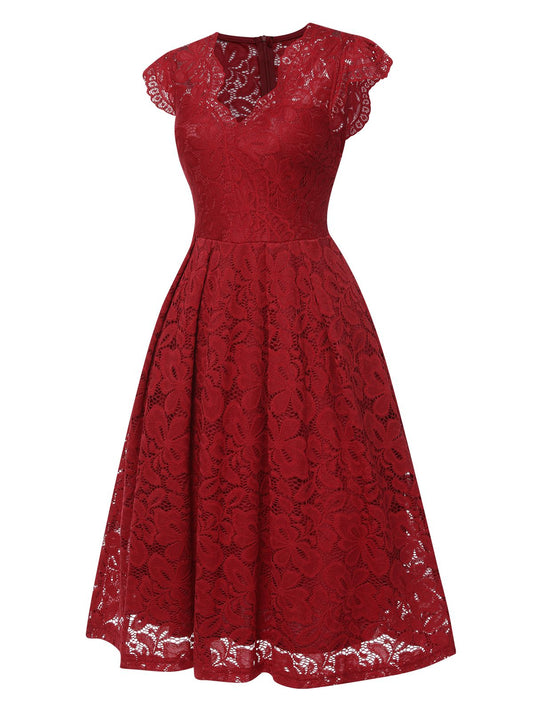 Wine Red Solid Lace Cap Sleeve Dress