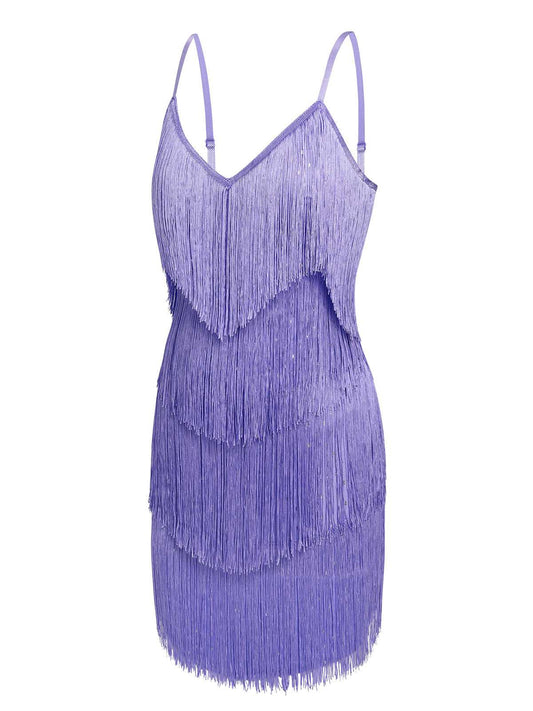 Purple  Spaghetti Strap Fringe Dress