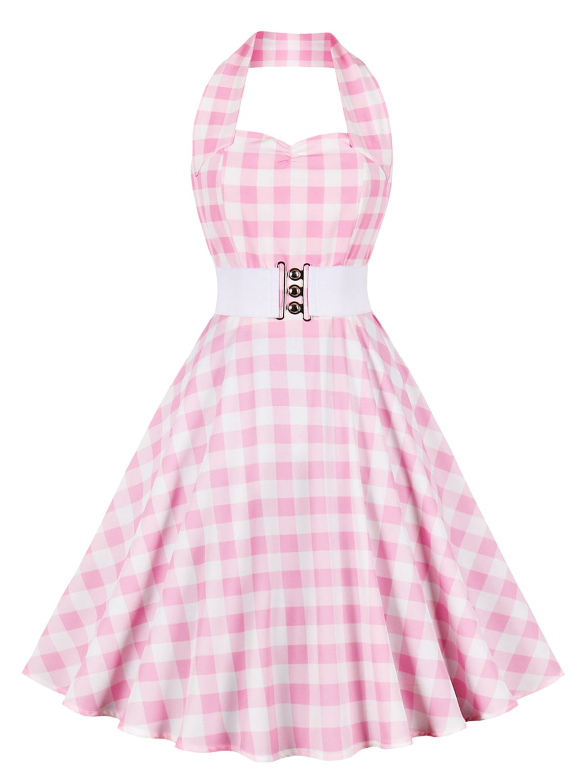 Light Pink Halter Plaids Belted Dress