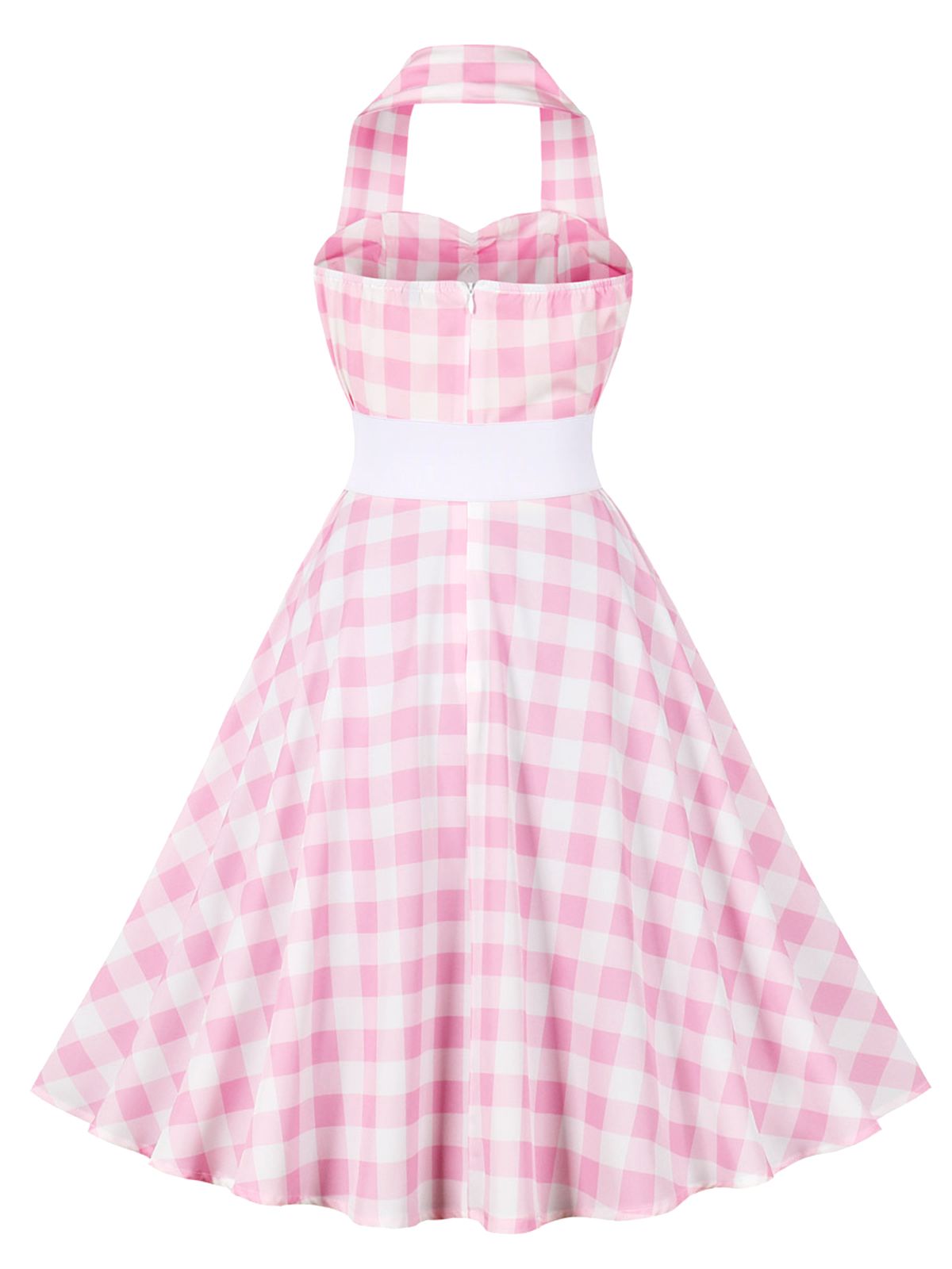 Light Pink Halter Plaids Belted Dress