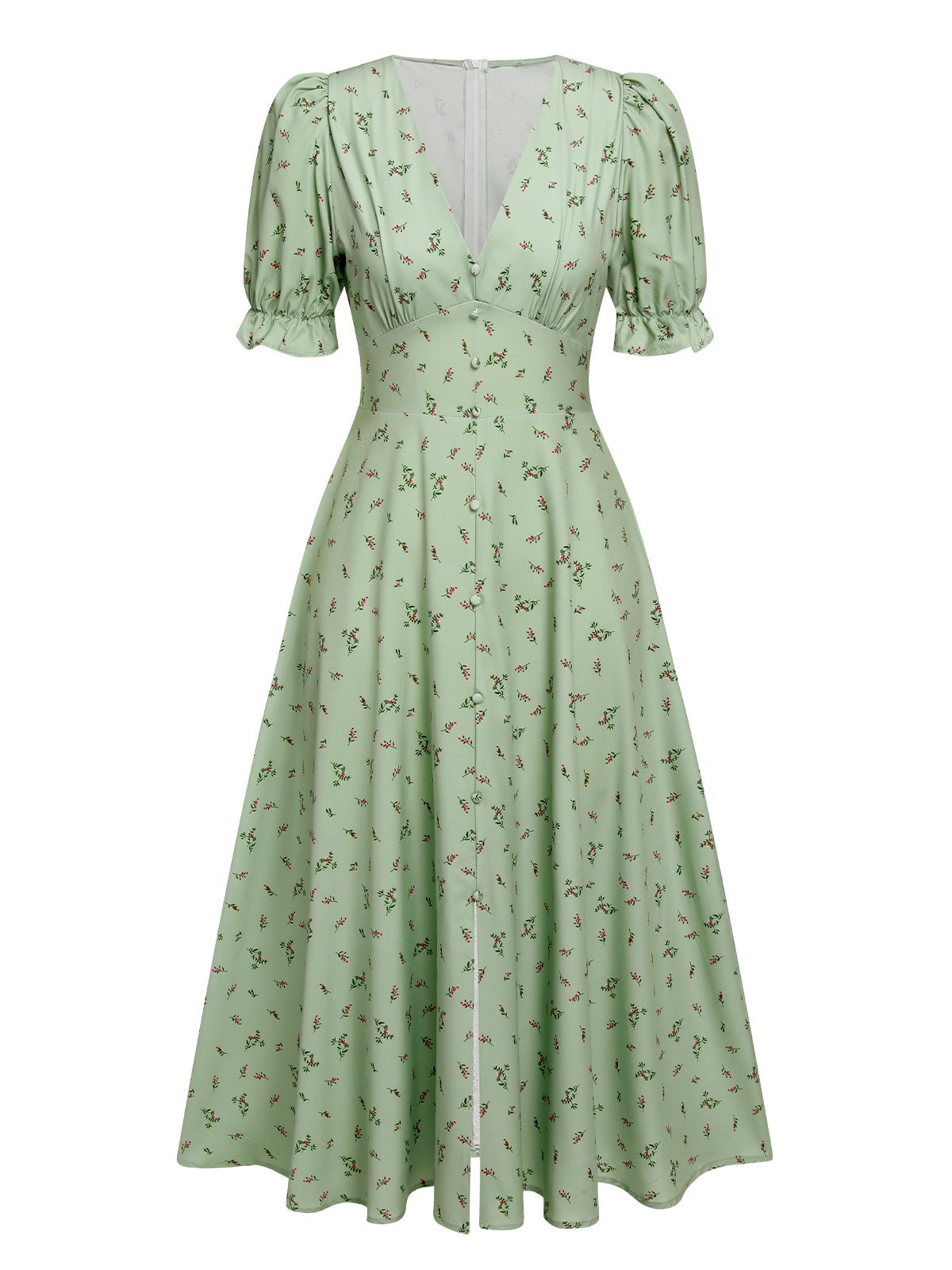 Green V-Neck Floral Lantern Sleeves Dress