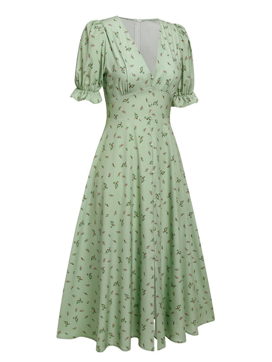 Green V-Neck Floral Lantern Sleeves Dress