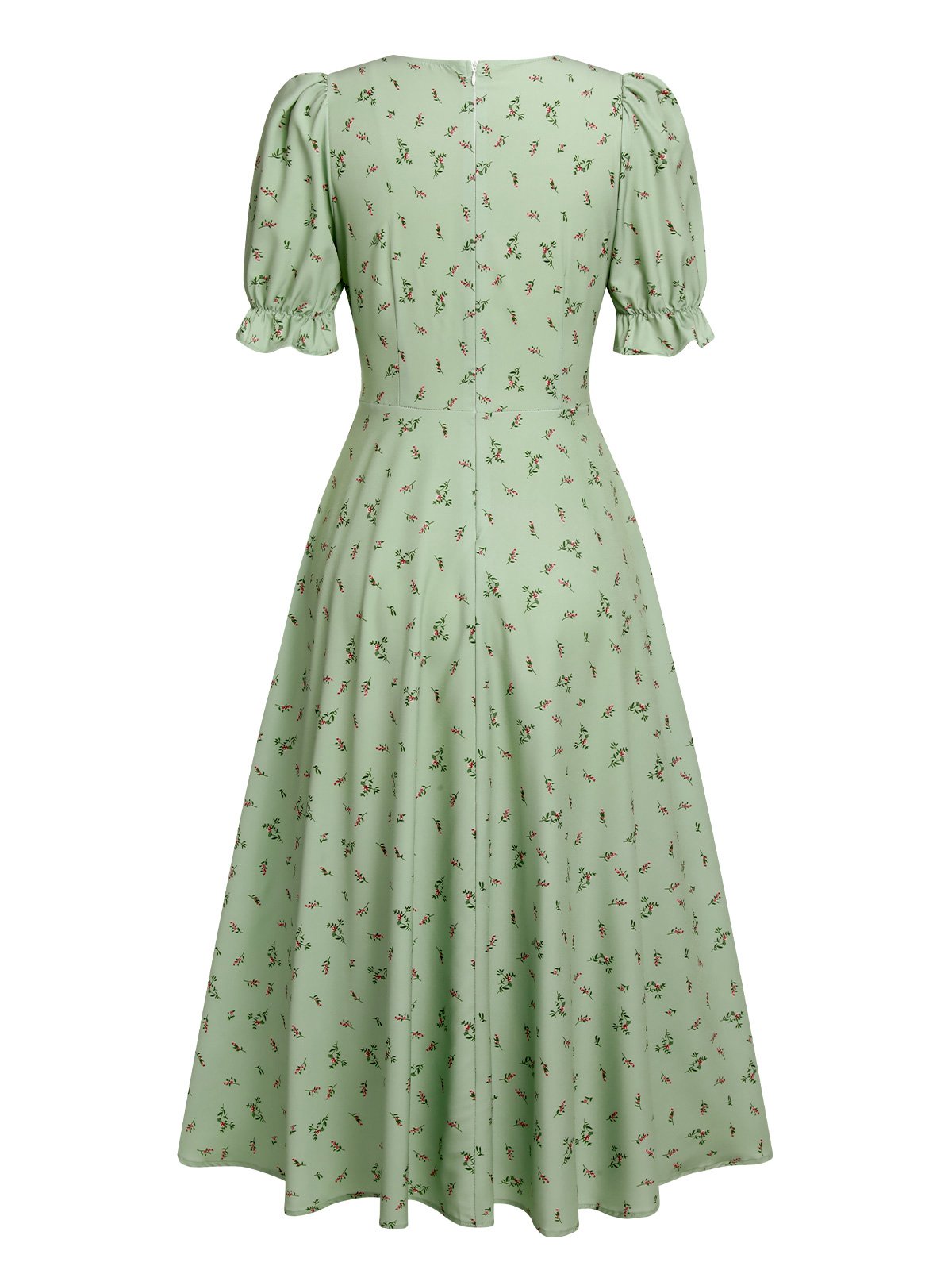 Green V-Neck Floral Lantern Sleeves Dress