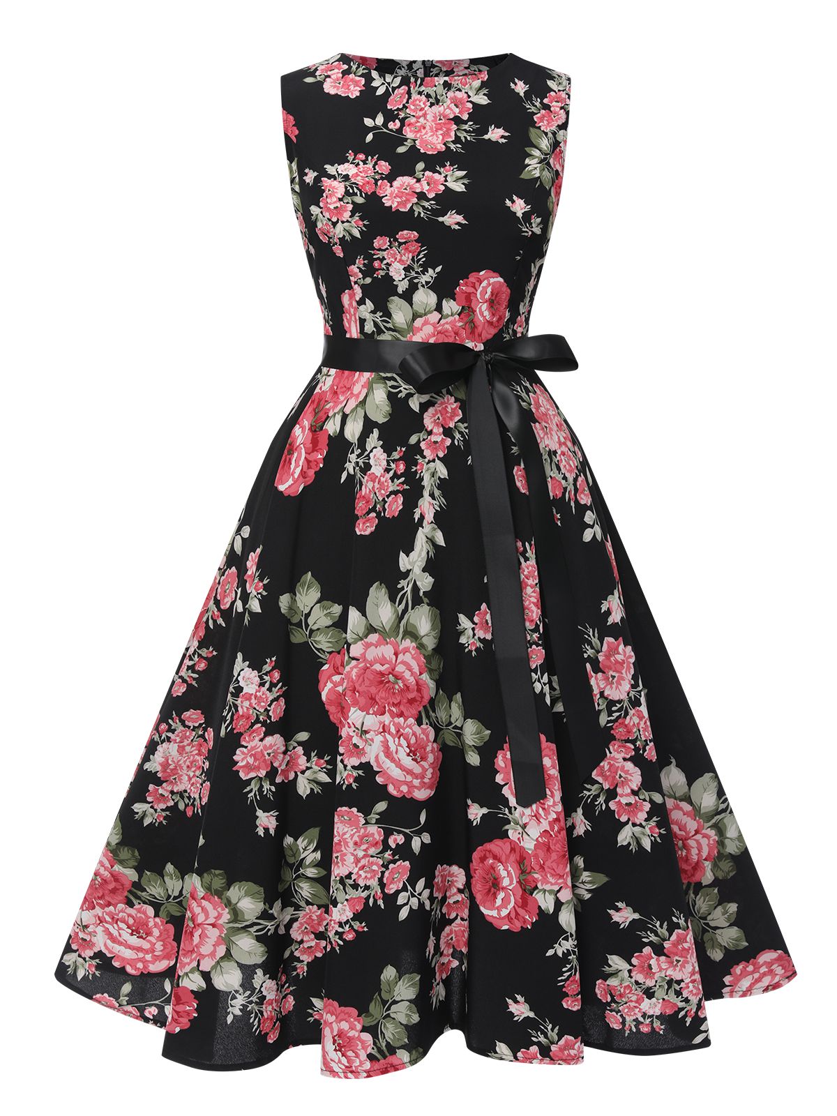 Floral Bow Belt Vintage Dress