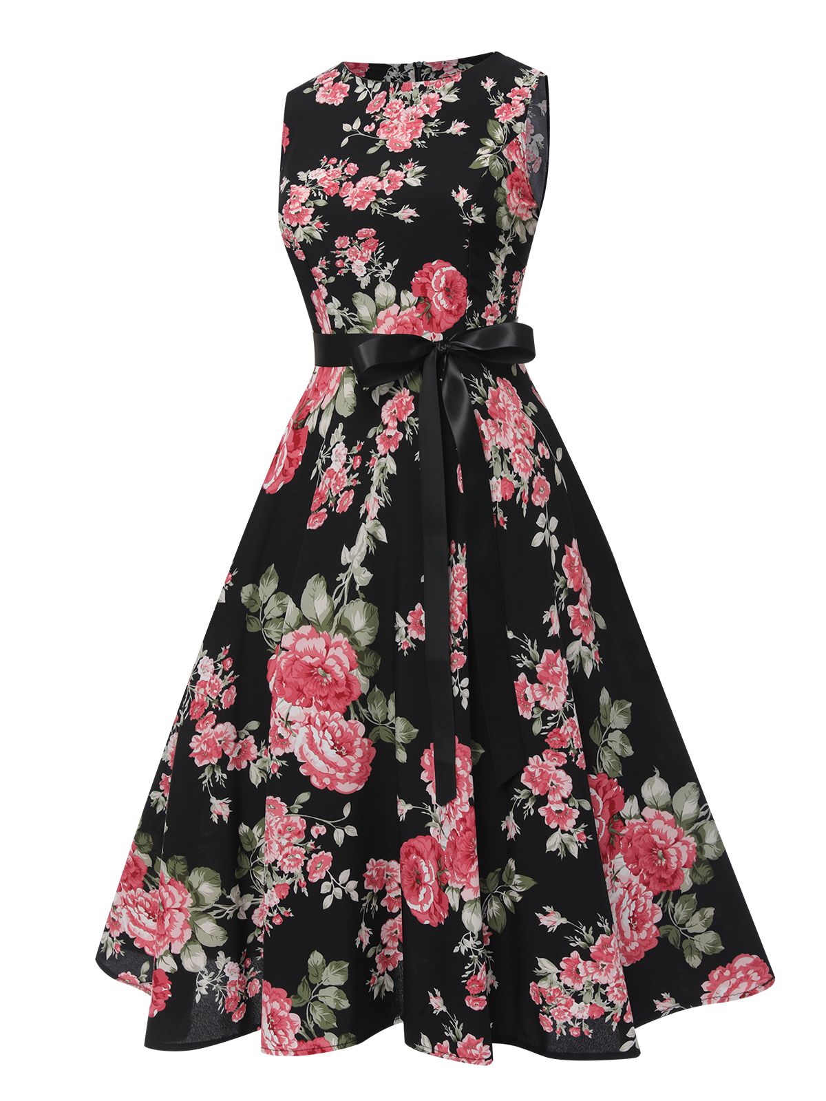 Floral Bow Belt Vintage Dress