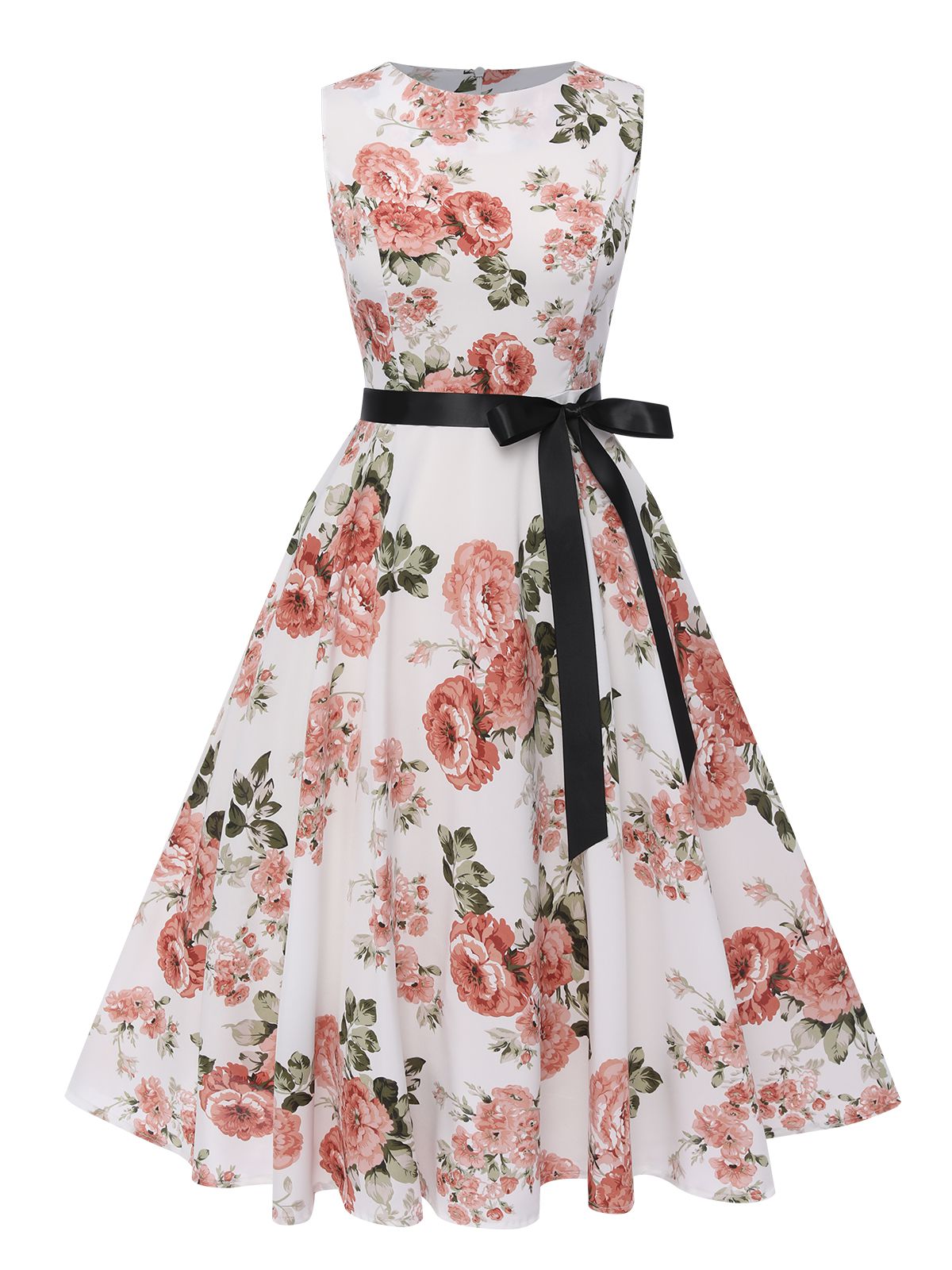 Floral Bow Belt Vintage Dress