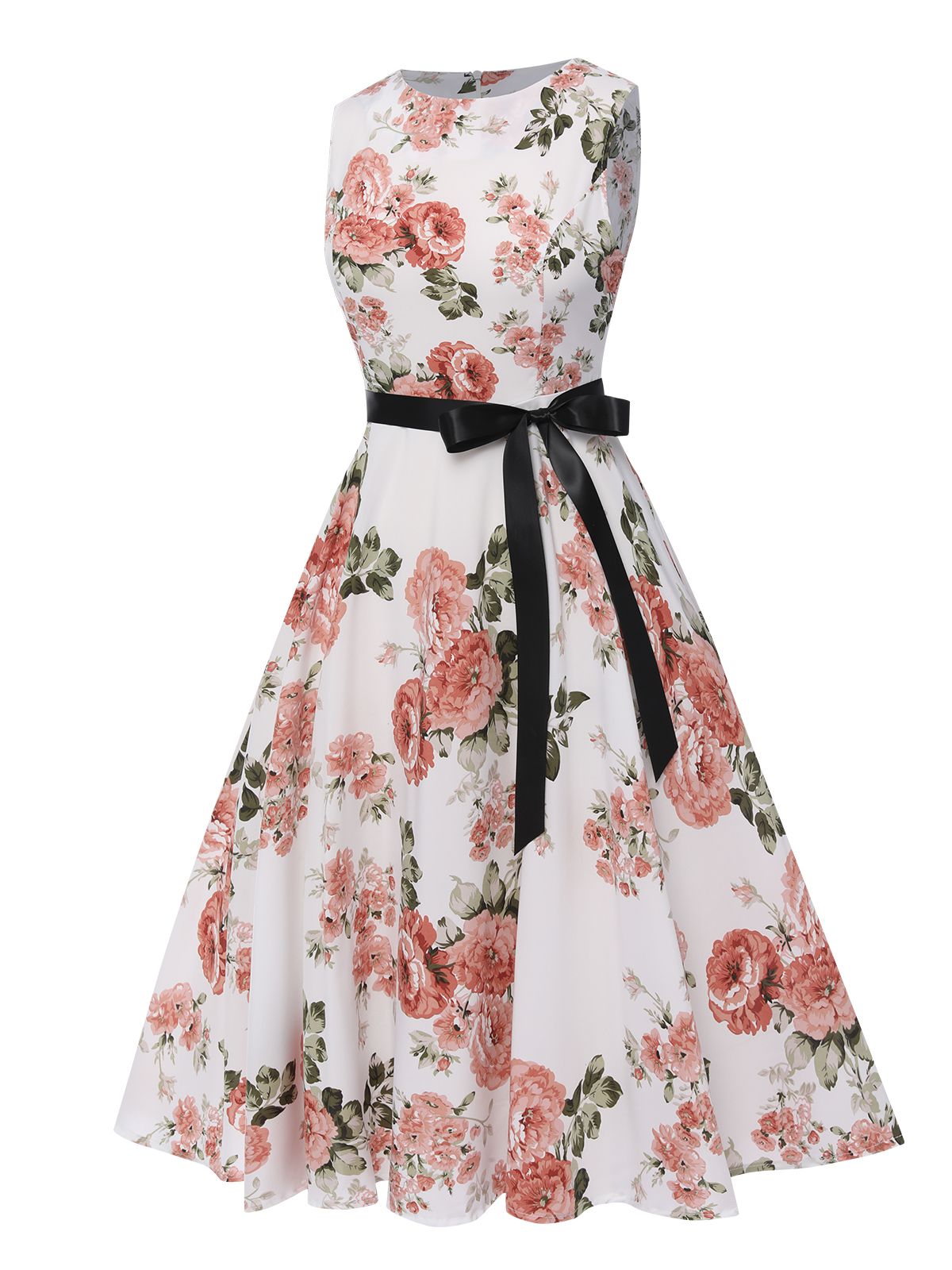 Floral Bow Belt Vintage Dress