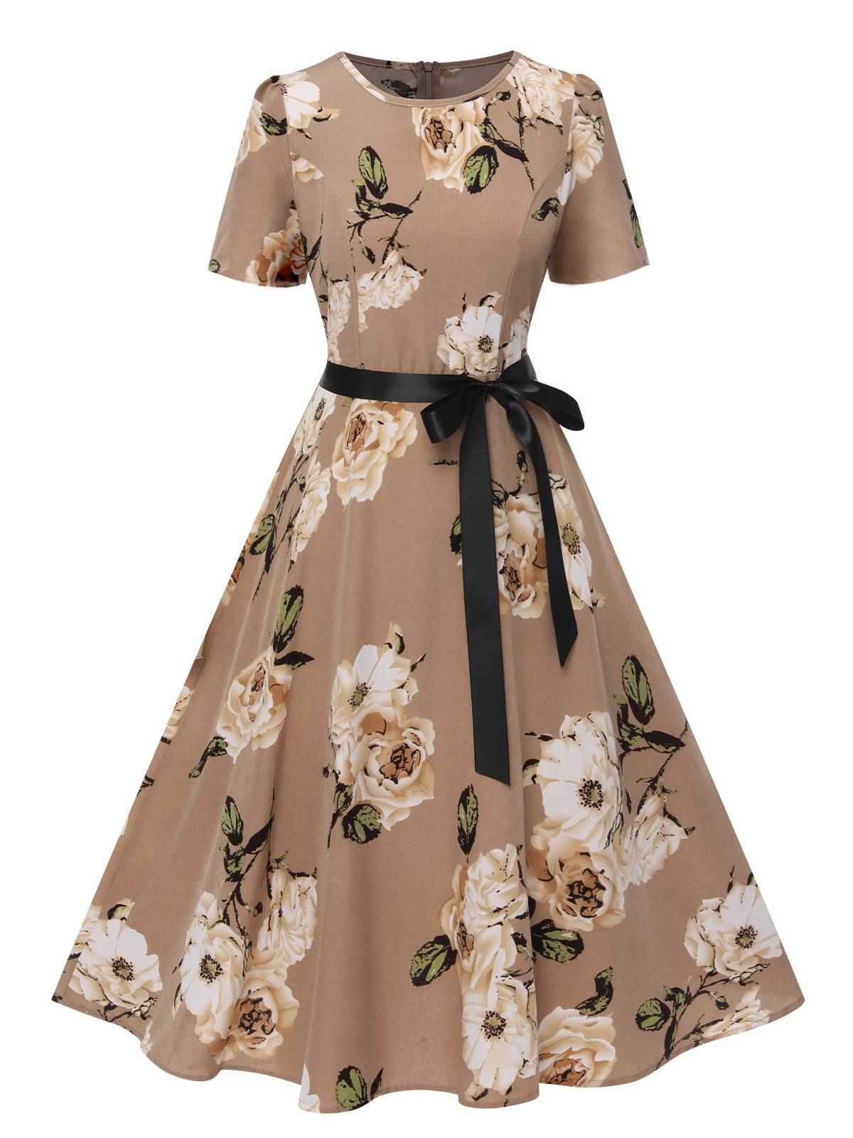 Floral Bow Short Sleeve Swing Dress