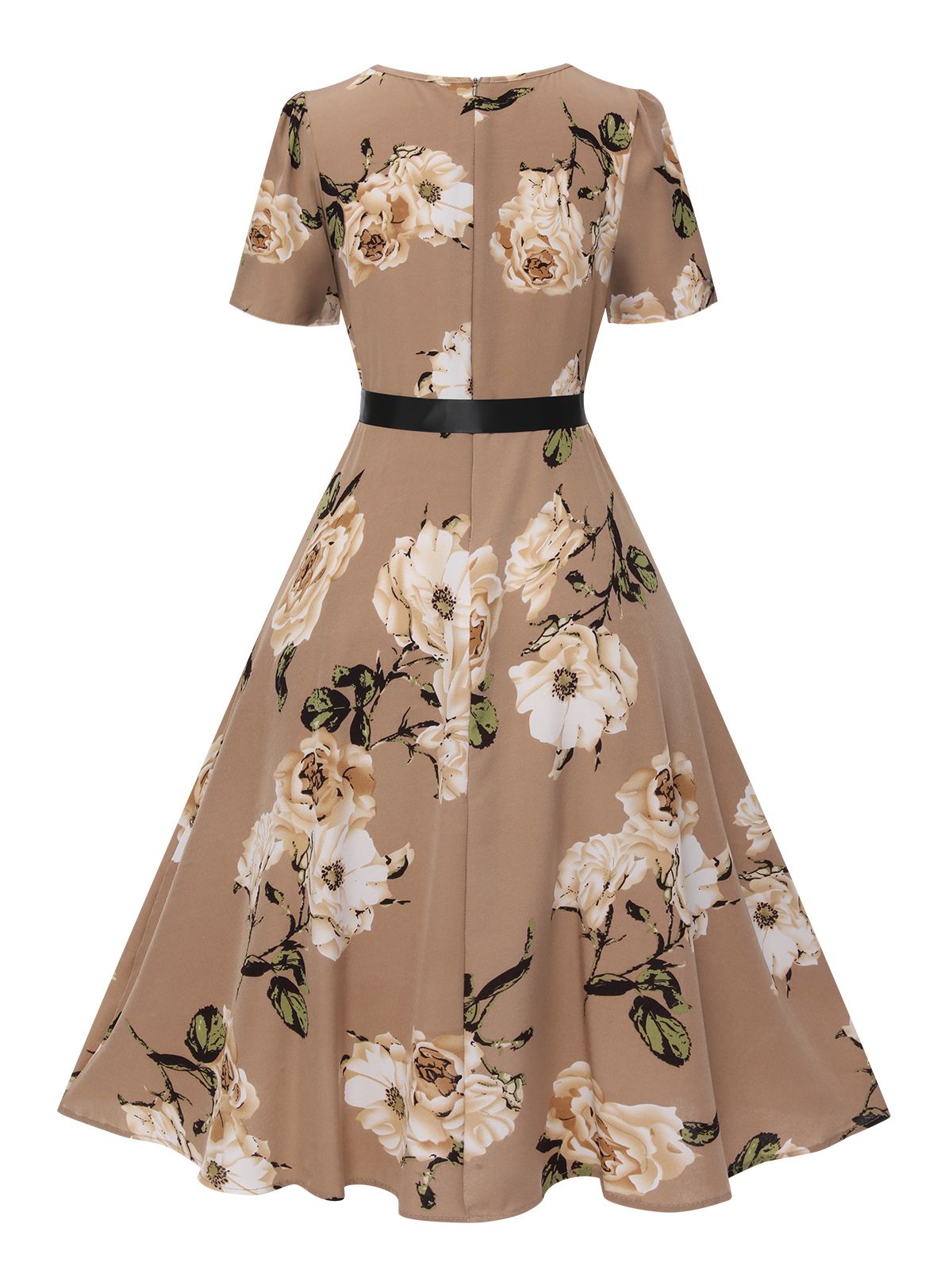 Floral Bow Short Sleeve Swing Dress