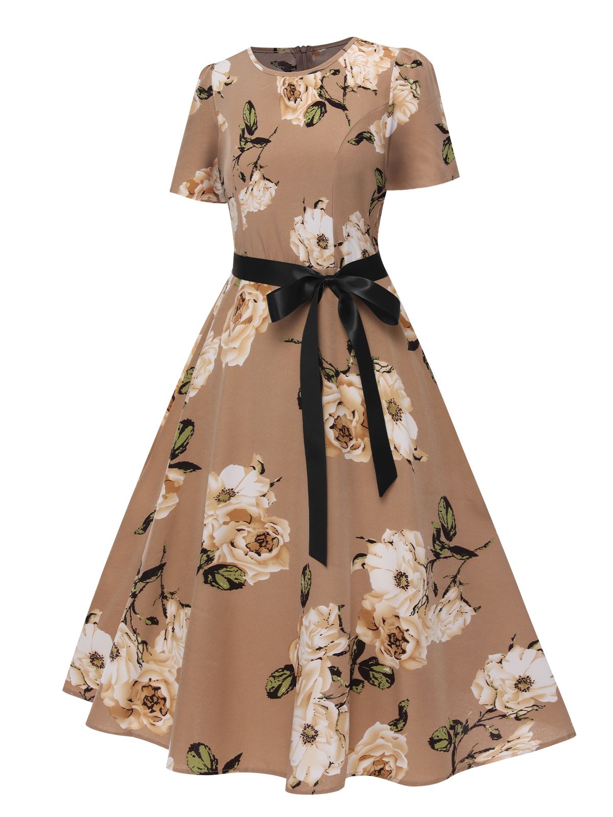 Floral Bow Short Sleeve Swing Dress