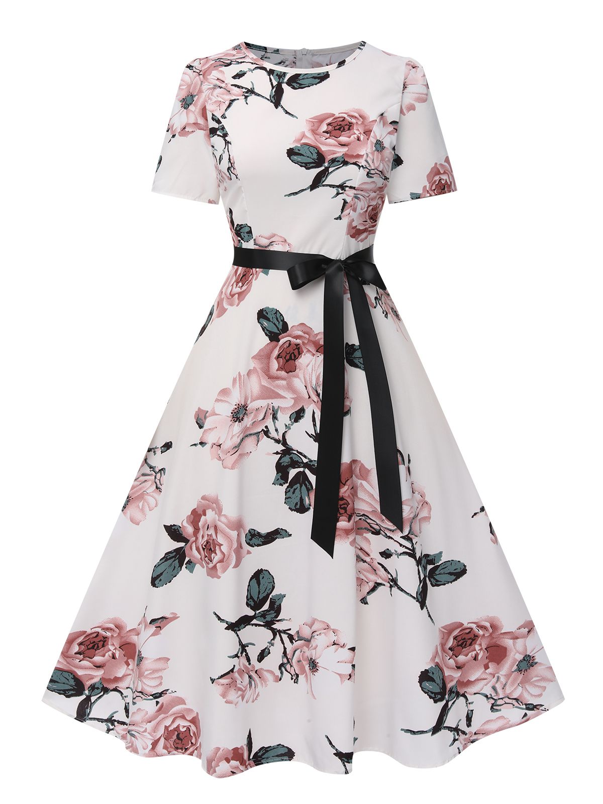 Floral Bow Short Sleeve Swing Dress