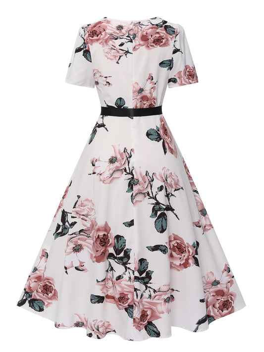 Floral Bow Short Sleeve Swing Dress