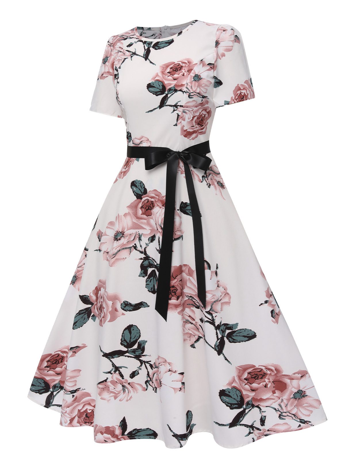 Floral Bow Short Sleeve Swing Dress