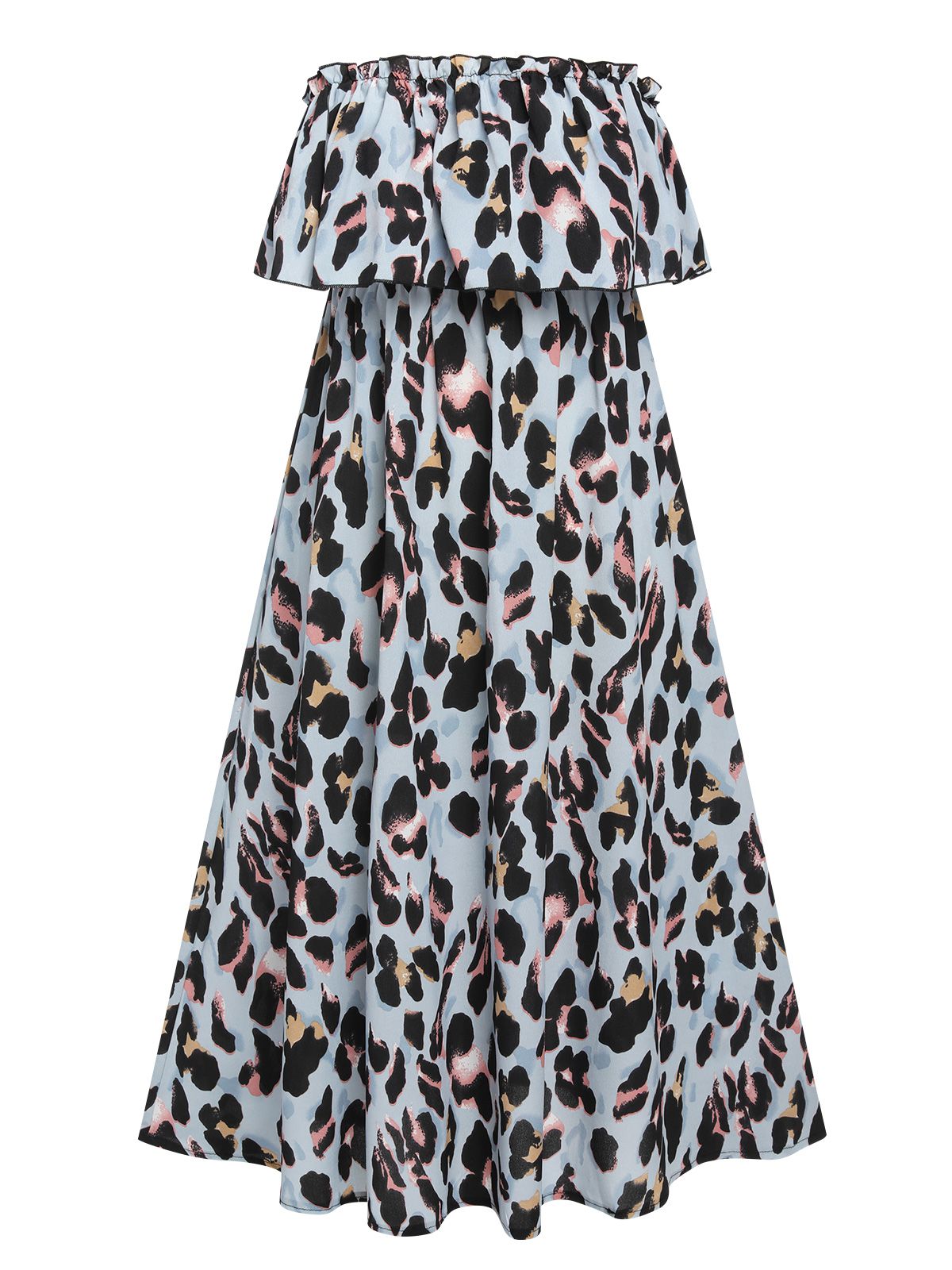 Strapless Leopard Colorblock Ruffles Dress