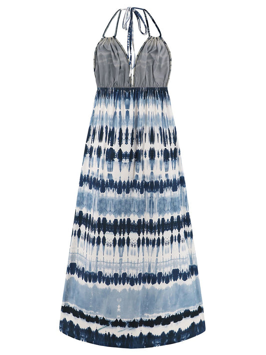 Blue Backless Tie Dye Long Dress