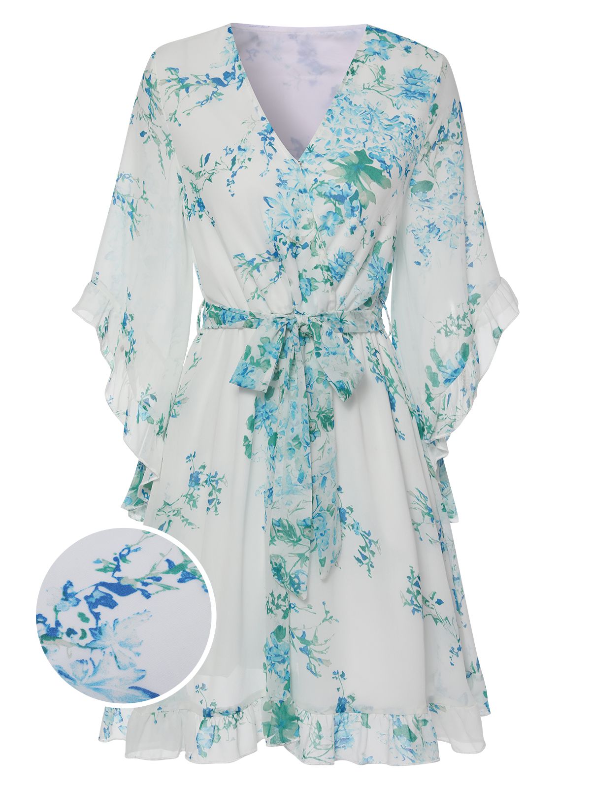 White  Floral Chiffon V-Neck Dress