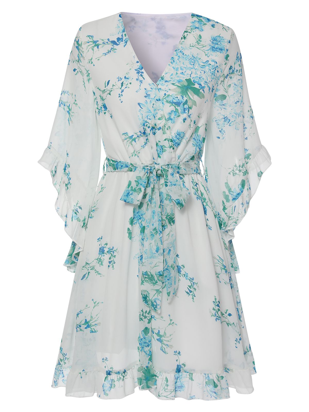 White  Floral Chiffon V-Neck Dress