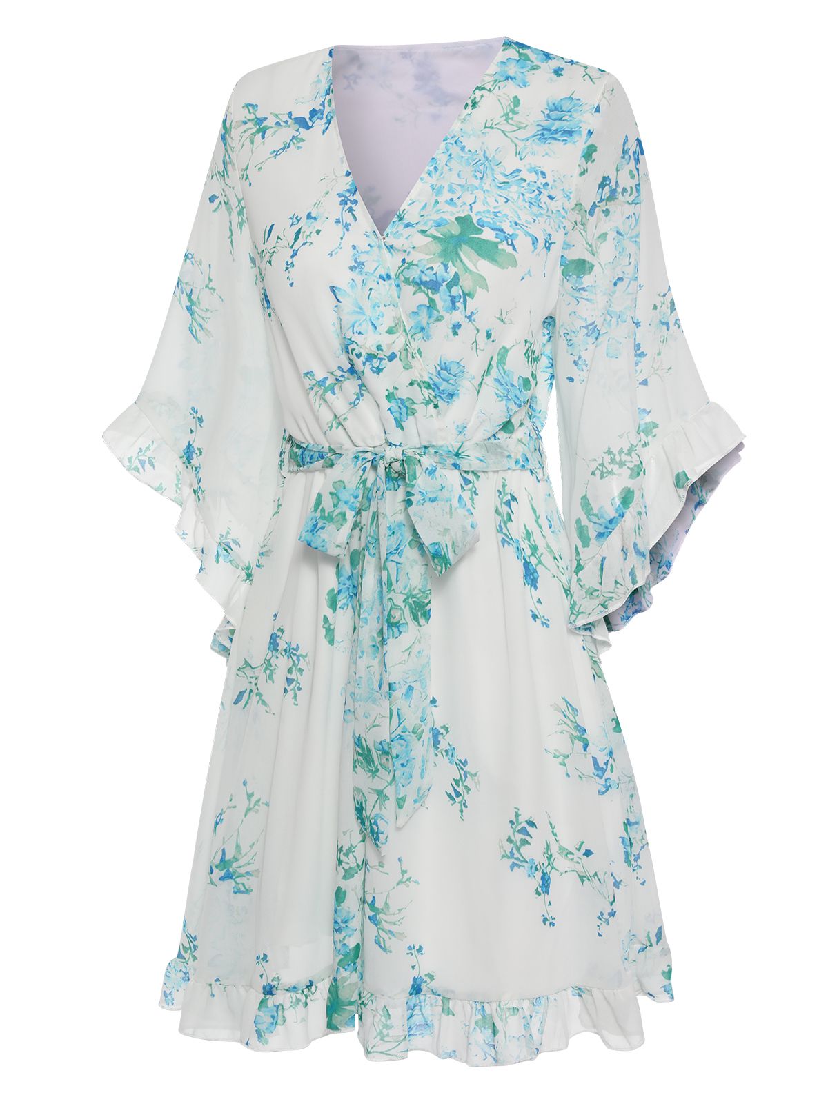 White  Floral Chiffon V-Neck Dress