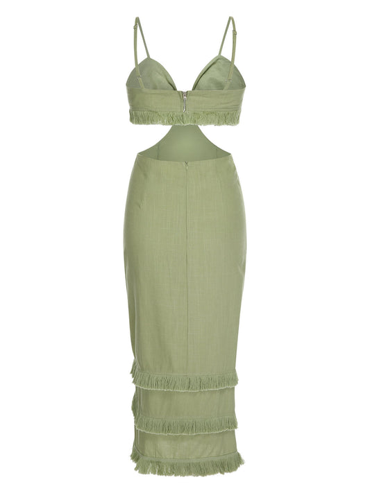 Green  Solid Tassel Hem Suspender Dress