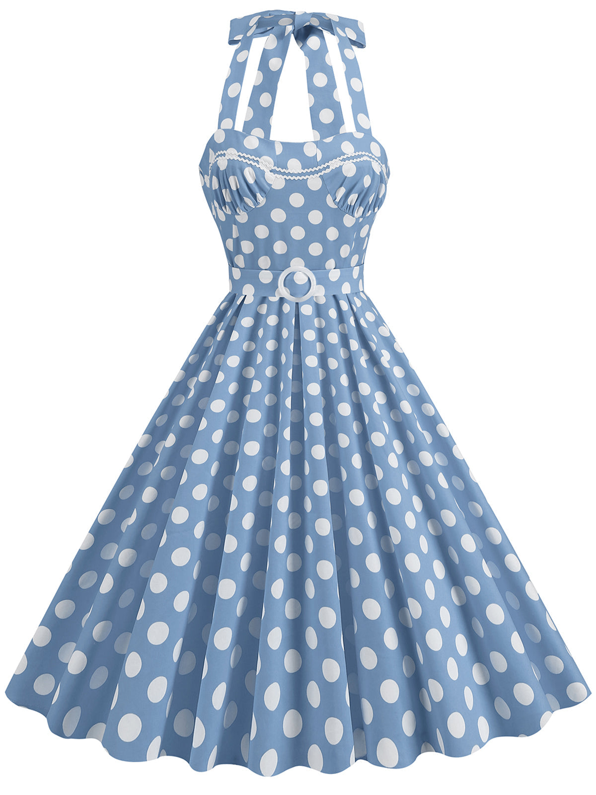 Polka Dot Halter Neck Belt Dress