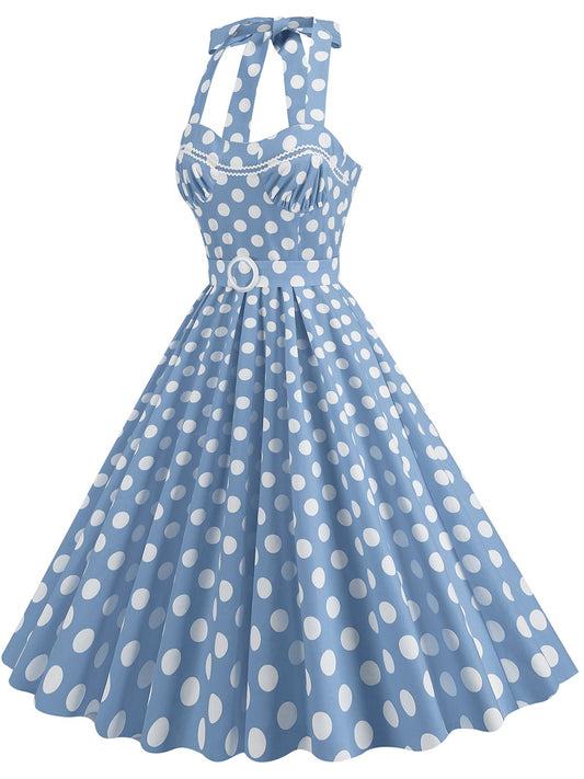 Polka Dot Halter Neck Belt Dress