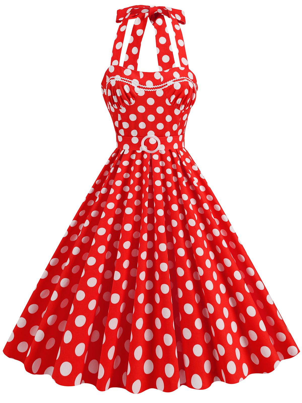 Polka Dot Halter Neck Belt Dress