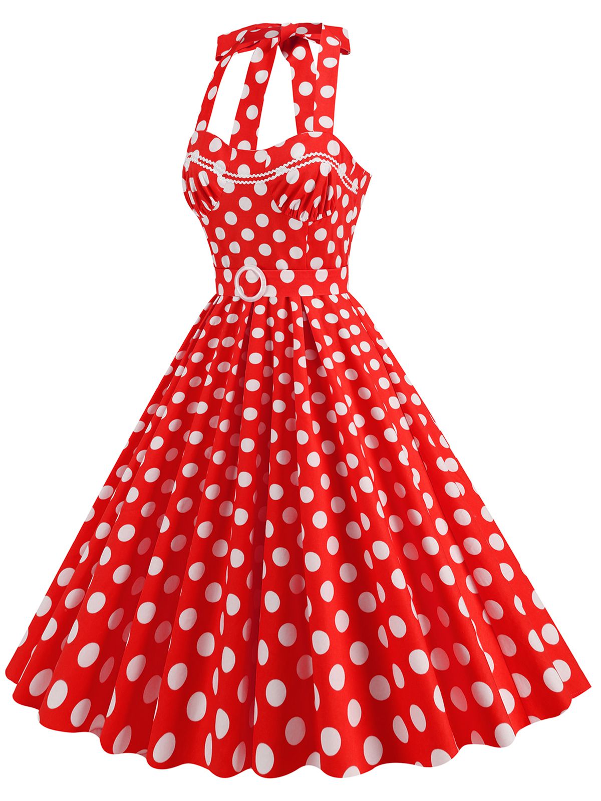 Polka Dot Halter Neck Belt Dress