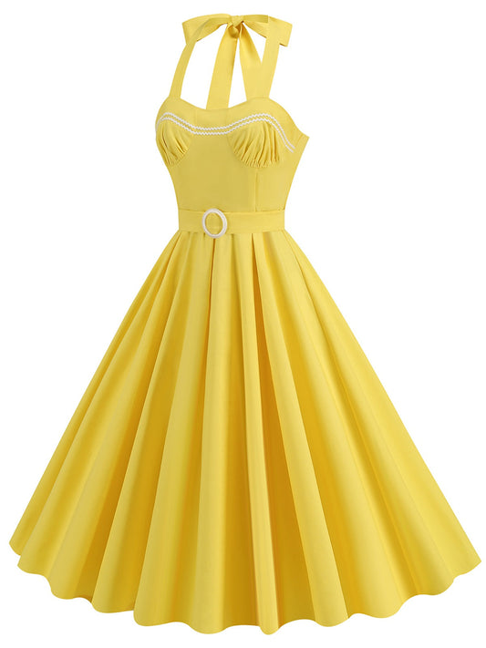 Yellow Solid Halter Belted Dress