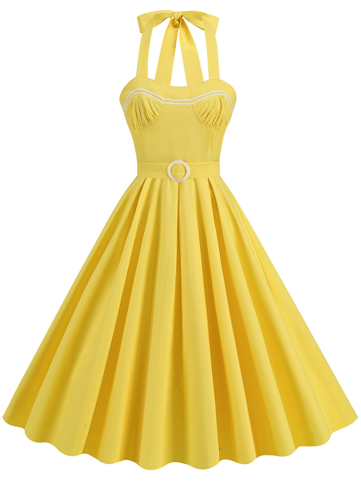 Yellow Solid Halter Belted Dress