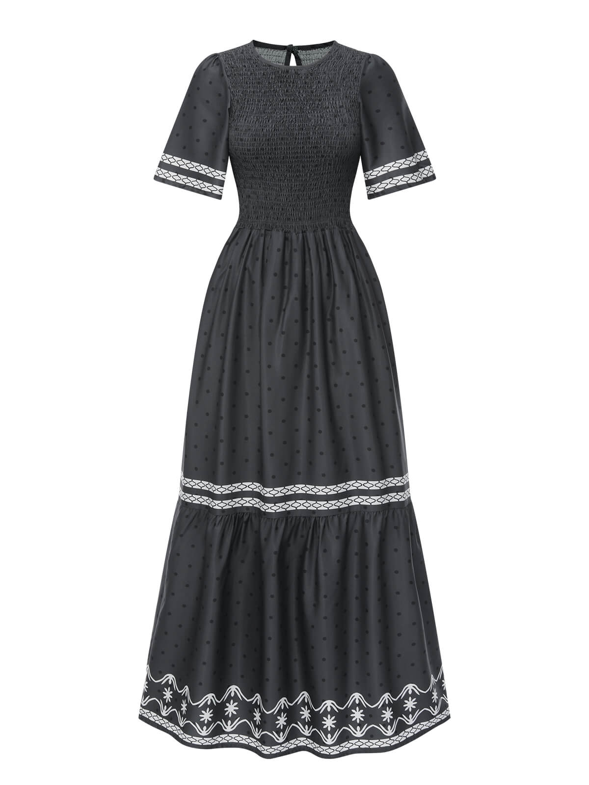 Gray Smocked Dots Moderate Maxi Dress