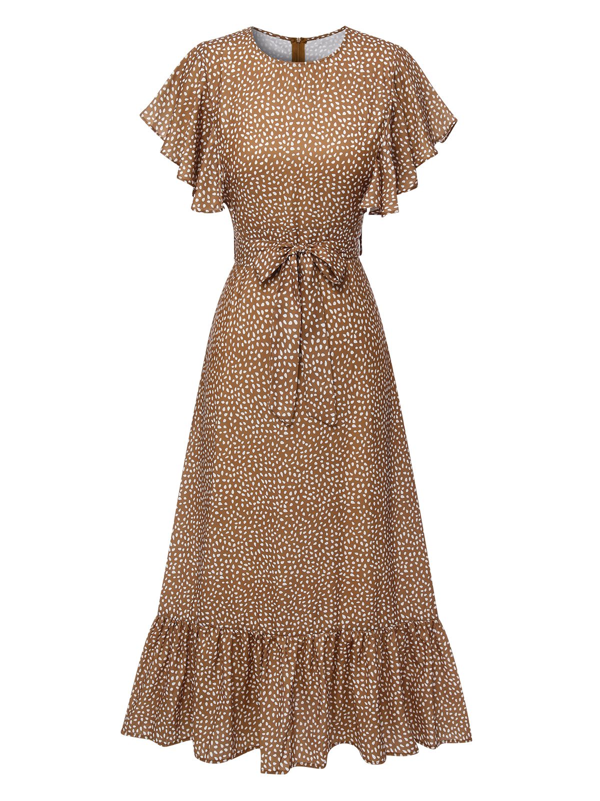 Camel Color Polka Dots Ruffles Dress