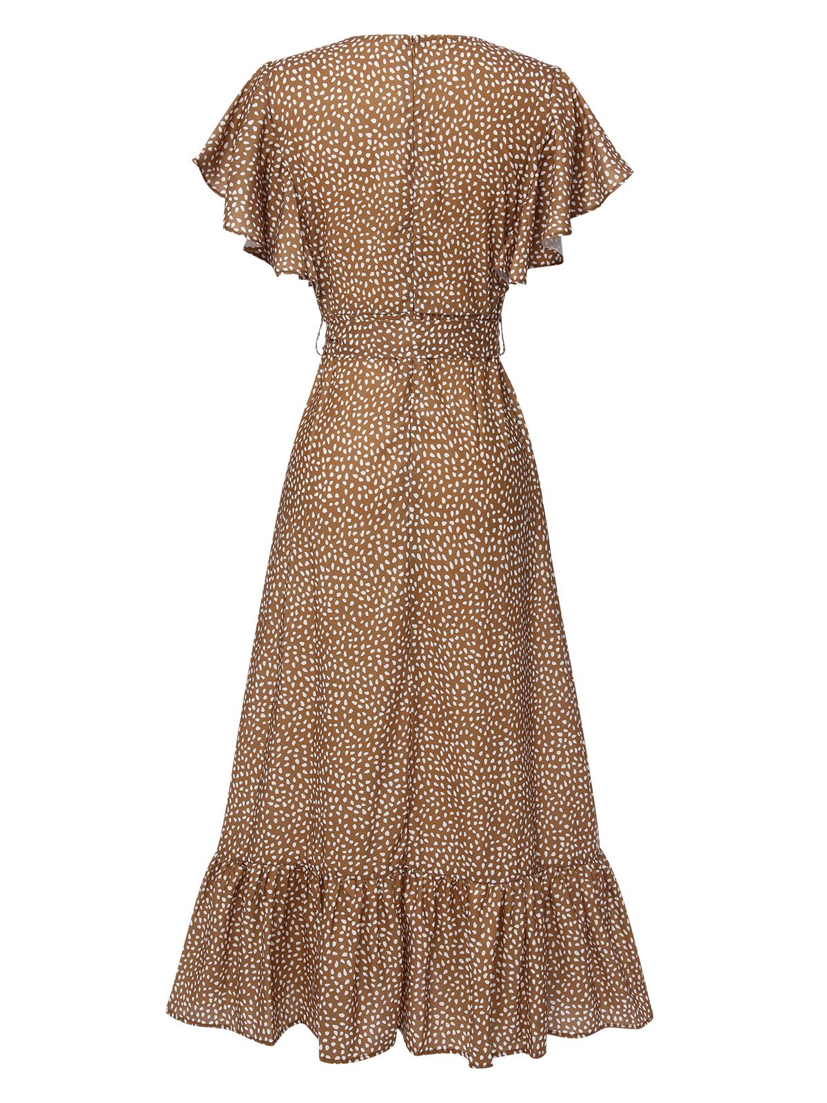 Camel Color Polka Dots Ruffles Dress