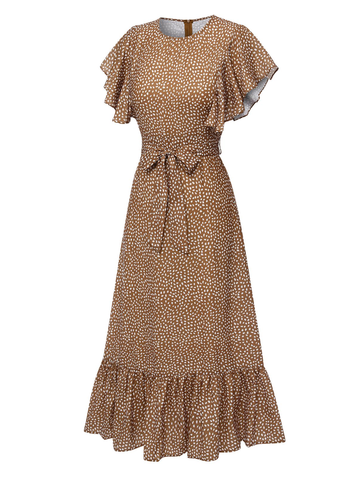 Camel Color Polka Dots Ruffles Dress