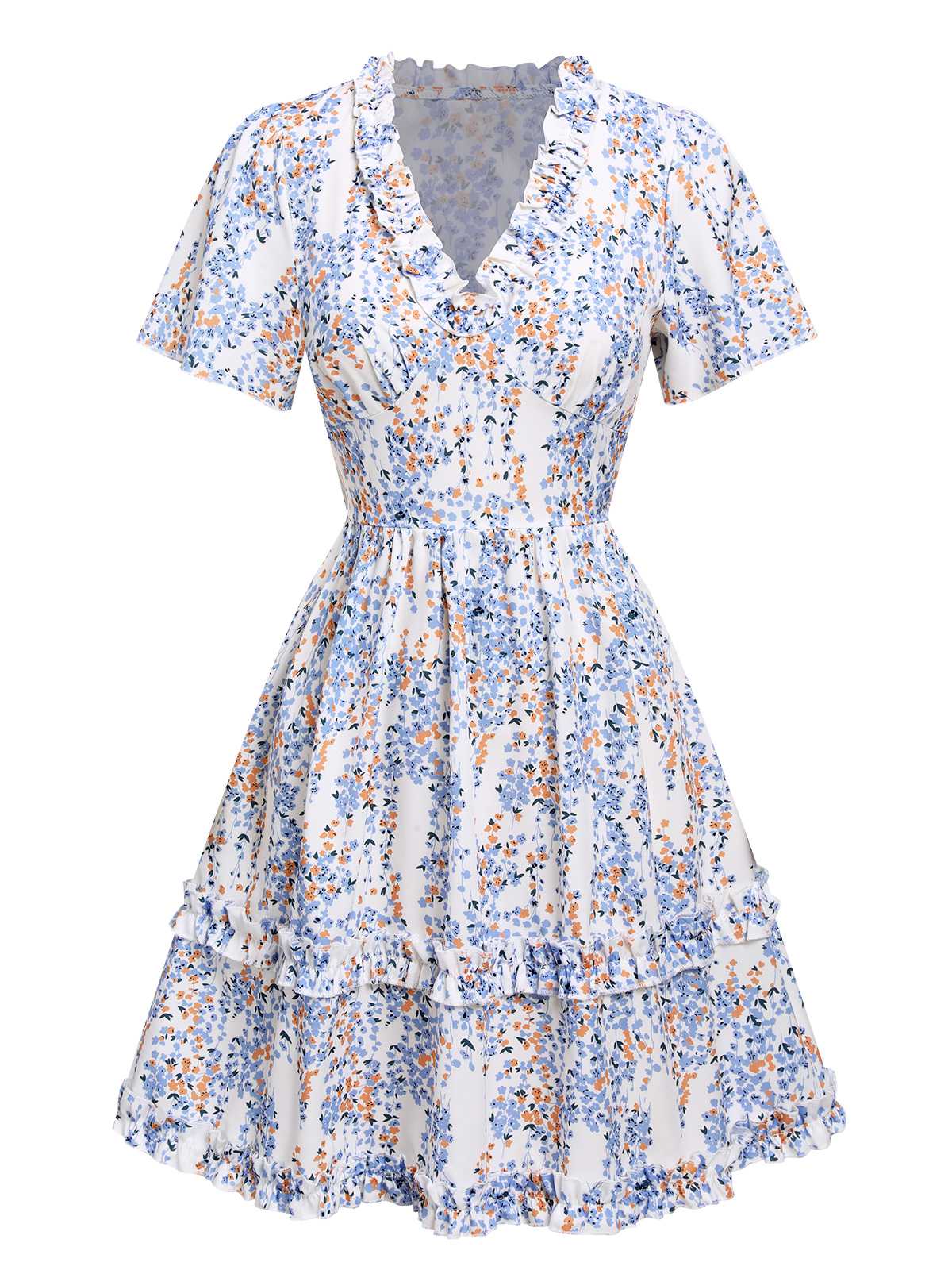 V-Neck Ditsy Floral Wrinkle Dress