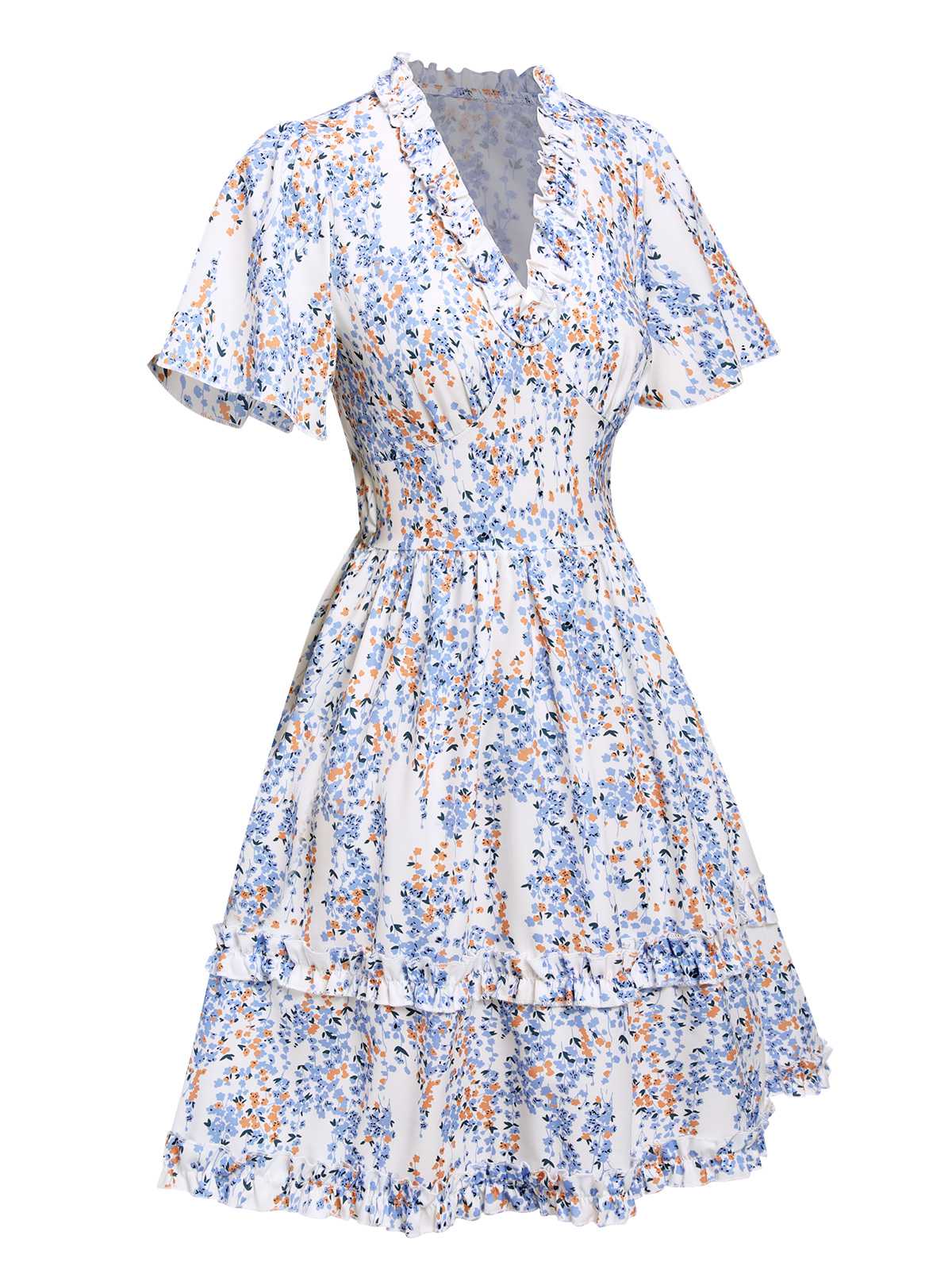 V-Neck Ditsy Floral Wrinkle Dress