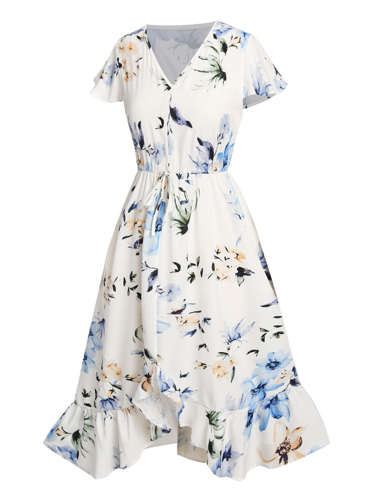 Blue Vague Floral V-Neck Cap Sleeve Dress