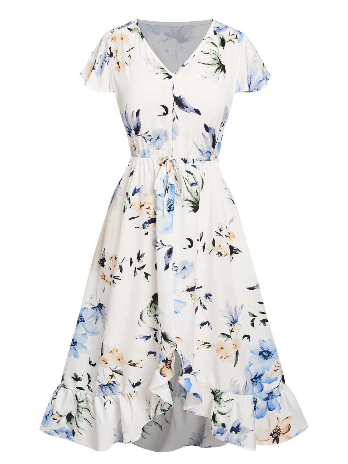 Blue Vague Floral V-Neck Cap Sleeve Dress