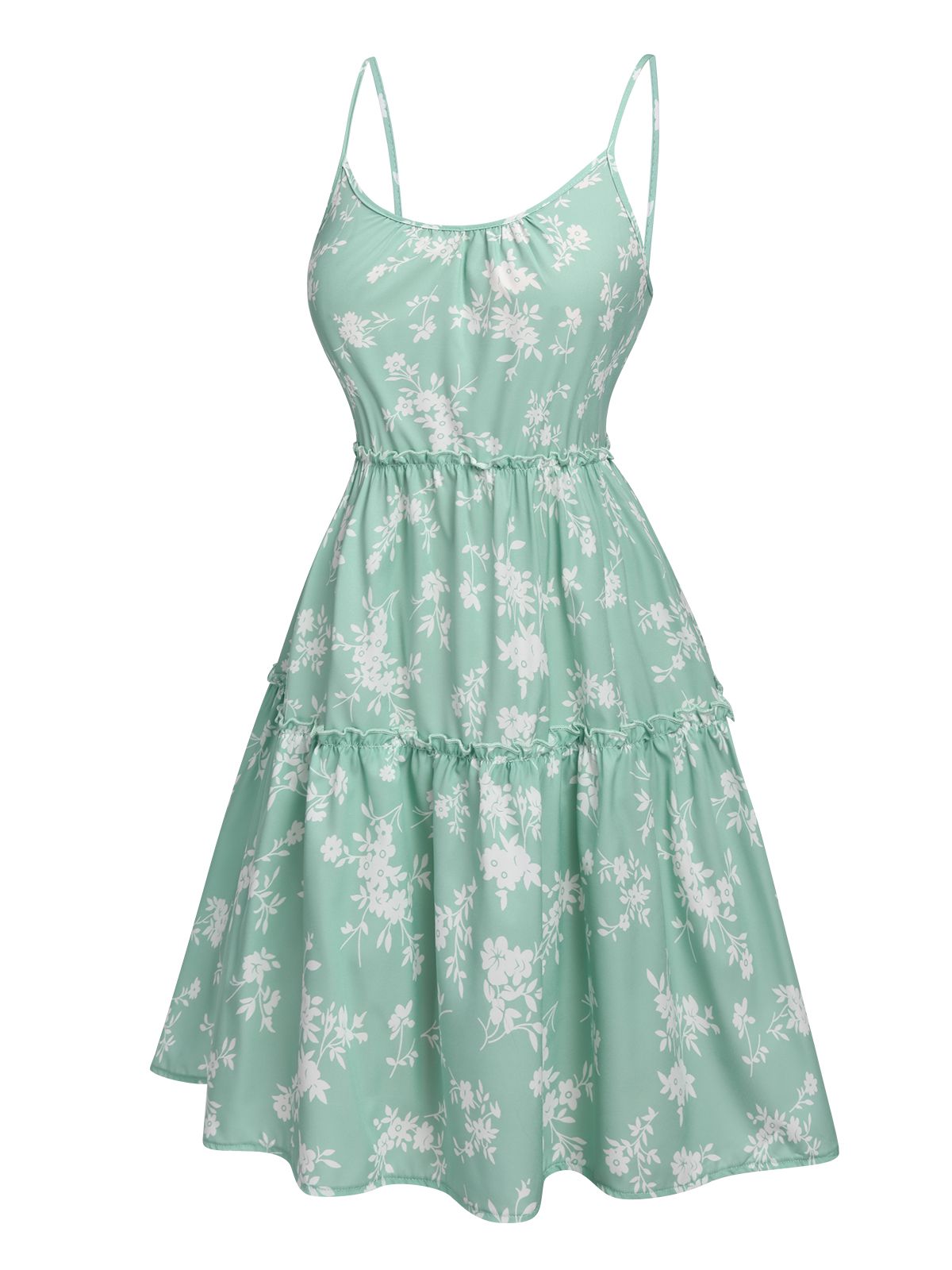 Green  Floral Wrinkle Suspender Dress