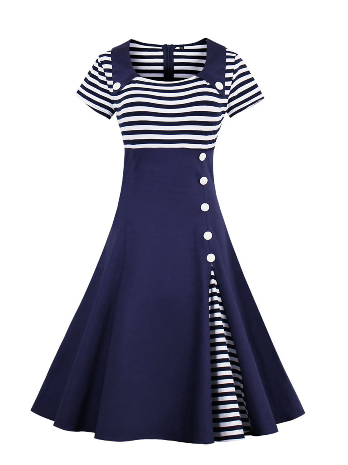 Dark Blue Striped Patchwork Button Lapel Dress