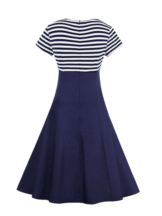 Dark Blue Striped Patchwork Button Lapel Dress